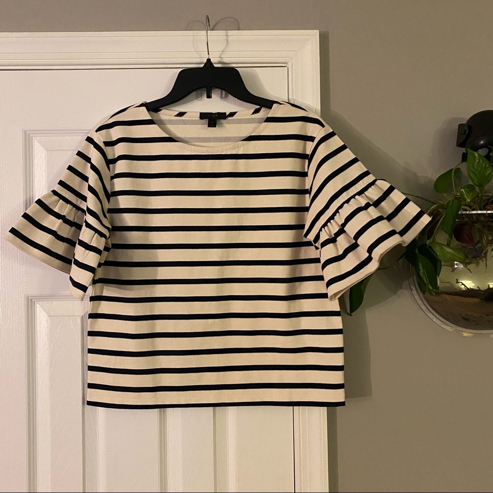 J. Crew Striped Ruffle Sleeve Top Cream Shirt Navy Blue Stripe Womens XS